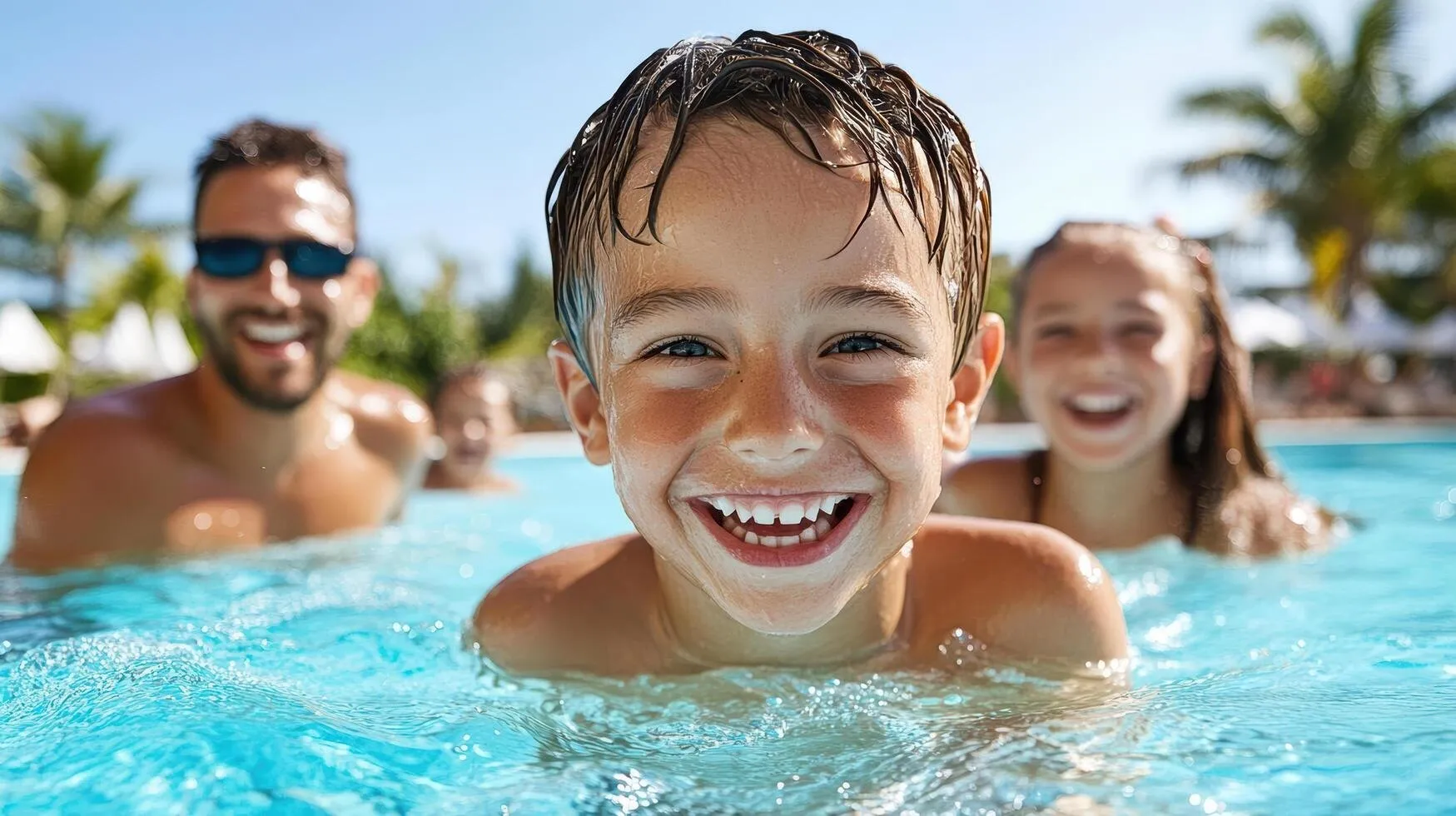 Família sorrindo dentro da piscina em um dia de sol